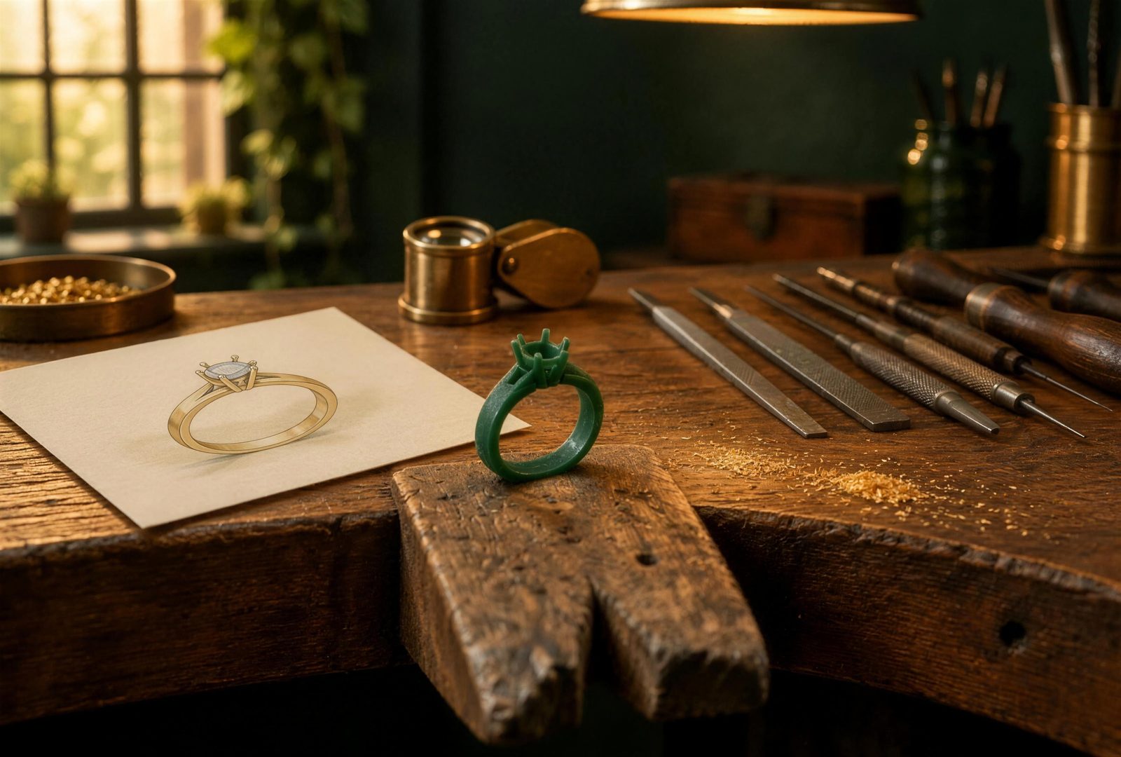 L’établi de l’atelier : une cire verte de bague, un croquis à la gouache, une loupe en laiton, des limes, des échoppes et de la limaille d’or, près d’une fenêtre