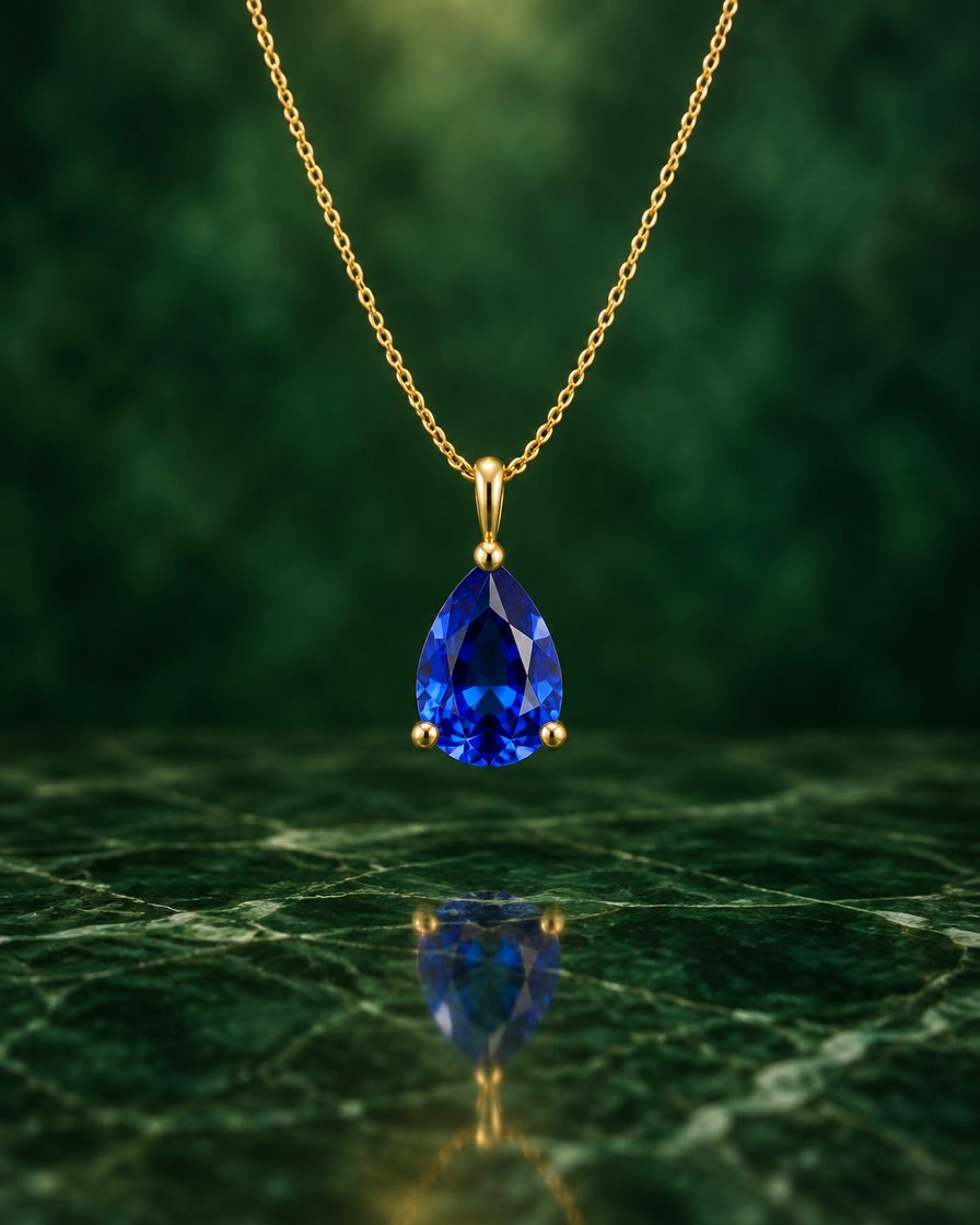 Pendentif Goutte&nbsp;: un saphir poire tenu par trois griffes d’or jaune, au bout d’une chaîne fine, au-dessus d’un marbre vert