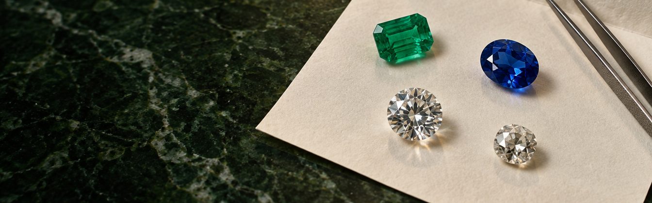 Quatre pierres posées sur un papier à pierres ivoire, avec une pince, sur un marbre vert