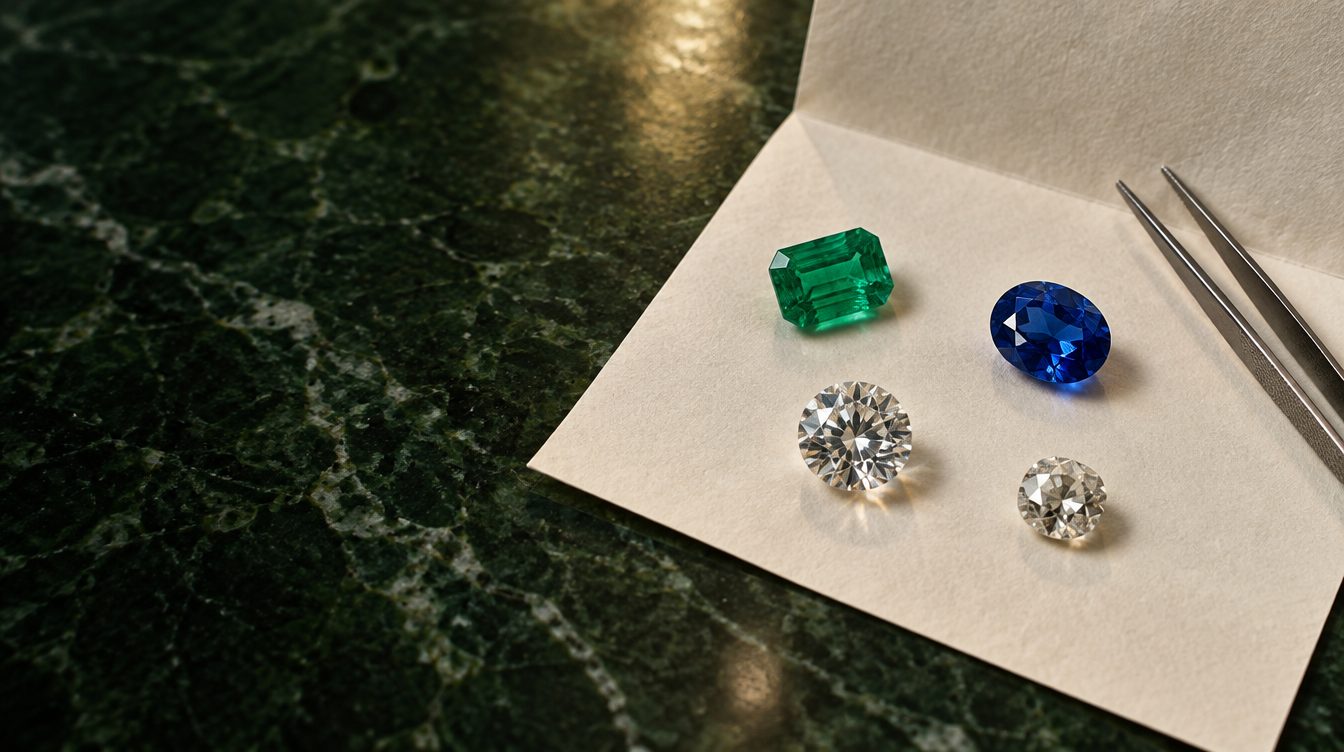 Quatre pierres sur un papier à pierres ivoire : une émeraude, un saphir ovale, un diamant rond et un petit diamant taille ancienne, avec une pince