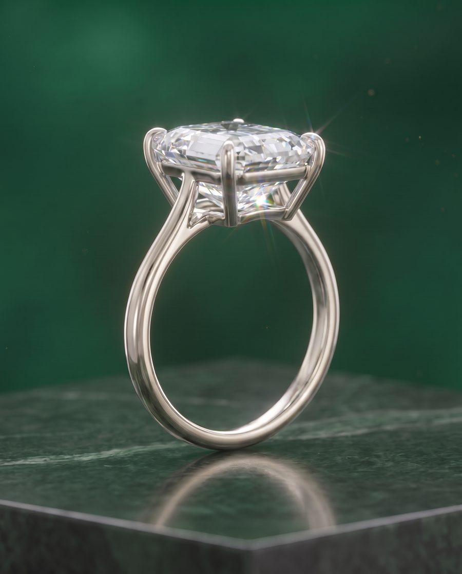 Bague Rondiste en or blanc, un diamant taille émeraude tenu par quatre griffes, debout sur un bloc de marbre vert