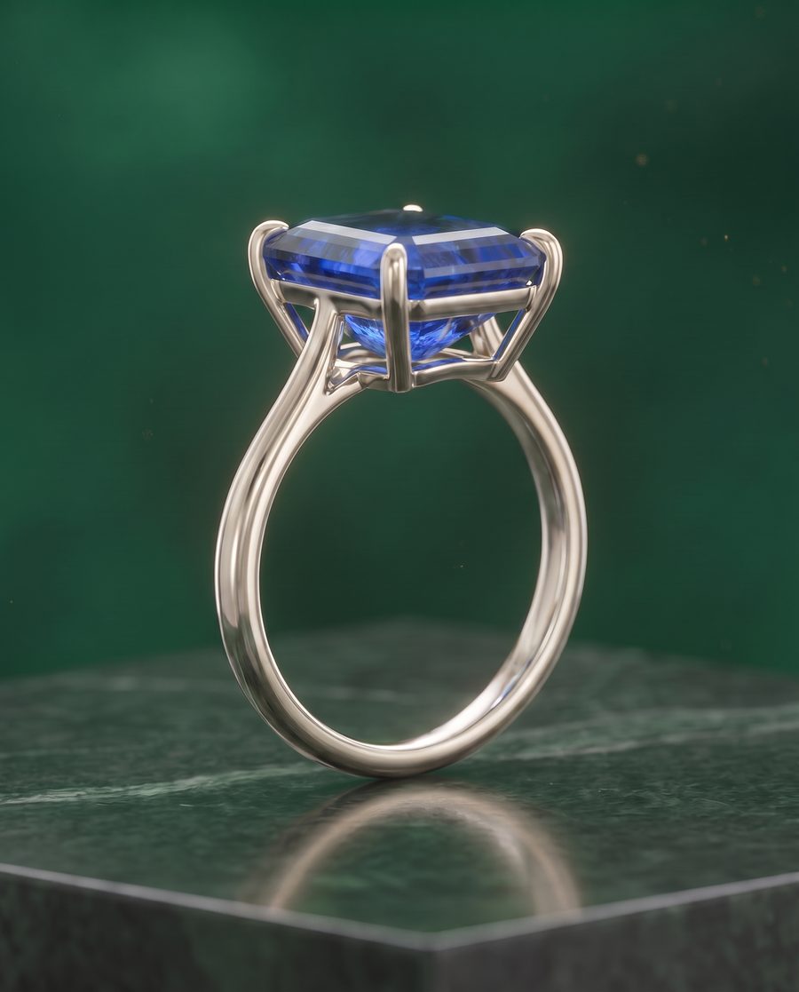 Bague Rondiste en or blanc, un saphir bleu taille émeraude tenu par quatre griffes, debout sur un marbre vert