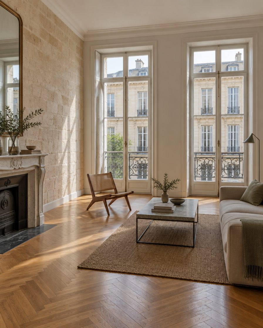 Séjour haut sous plafond rénové, parquet de chêne en point de Hongrie, mur de pierre à nu, cheminée de marbre et deux portes-fenêtres à balcons de fer forgé.