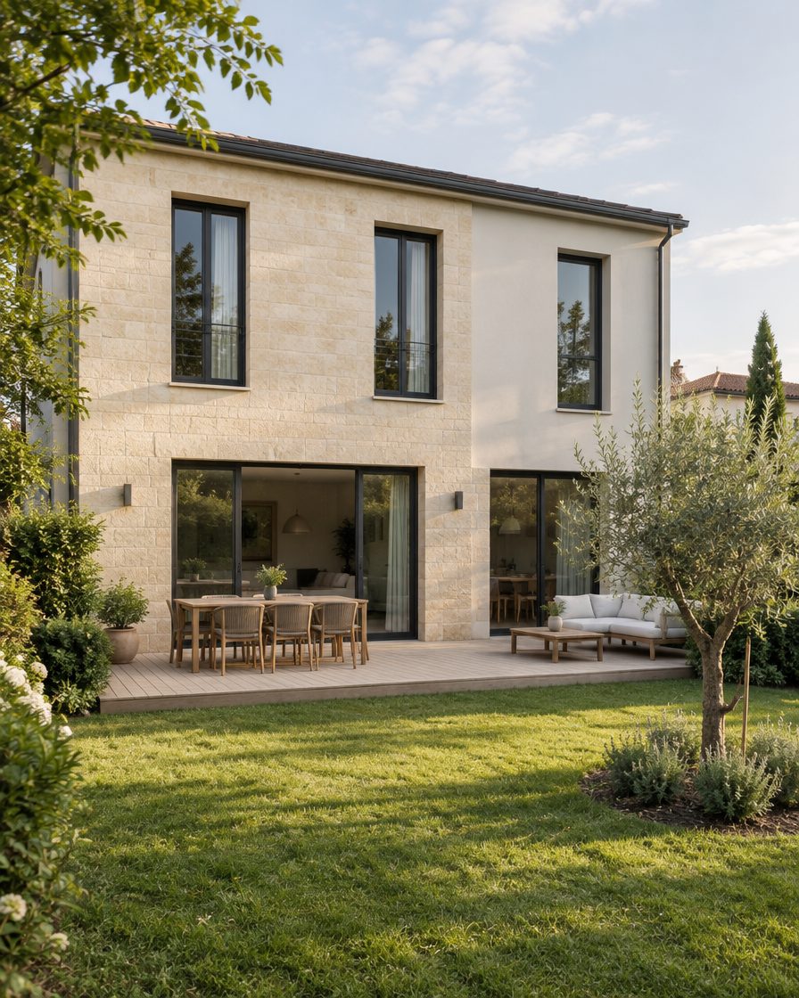 Maison neuve en pierre blonde et enduit clair, vue depuis son jardin au soleil de fin d’après-midi.