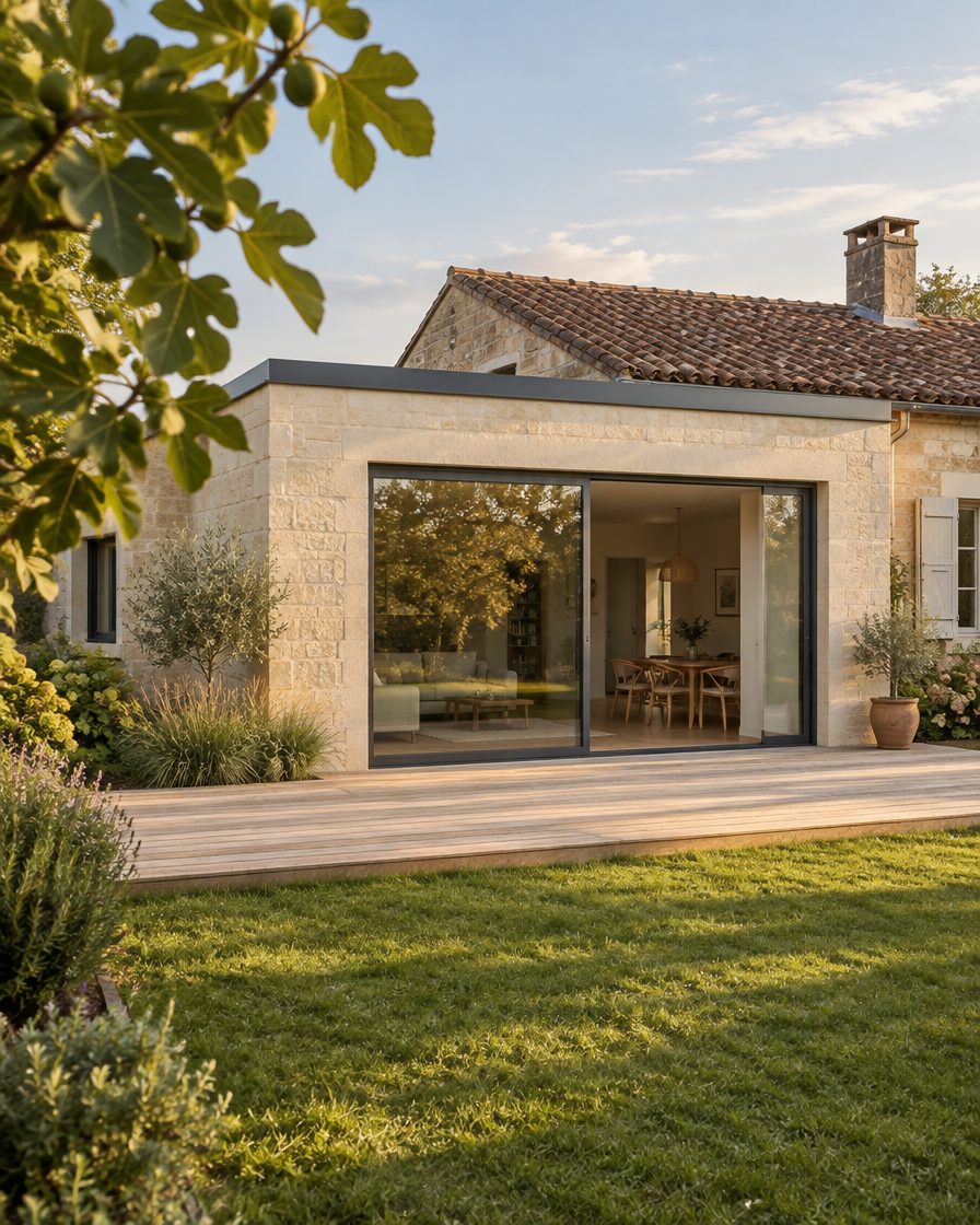 Extension en pierre à toit plat côté jardin, grande baie vitrée ouverte sur une terrasse en chêne.