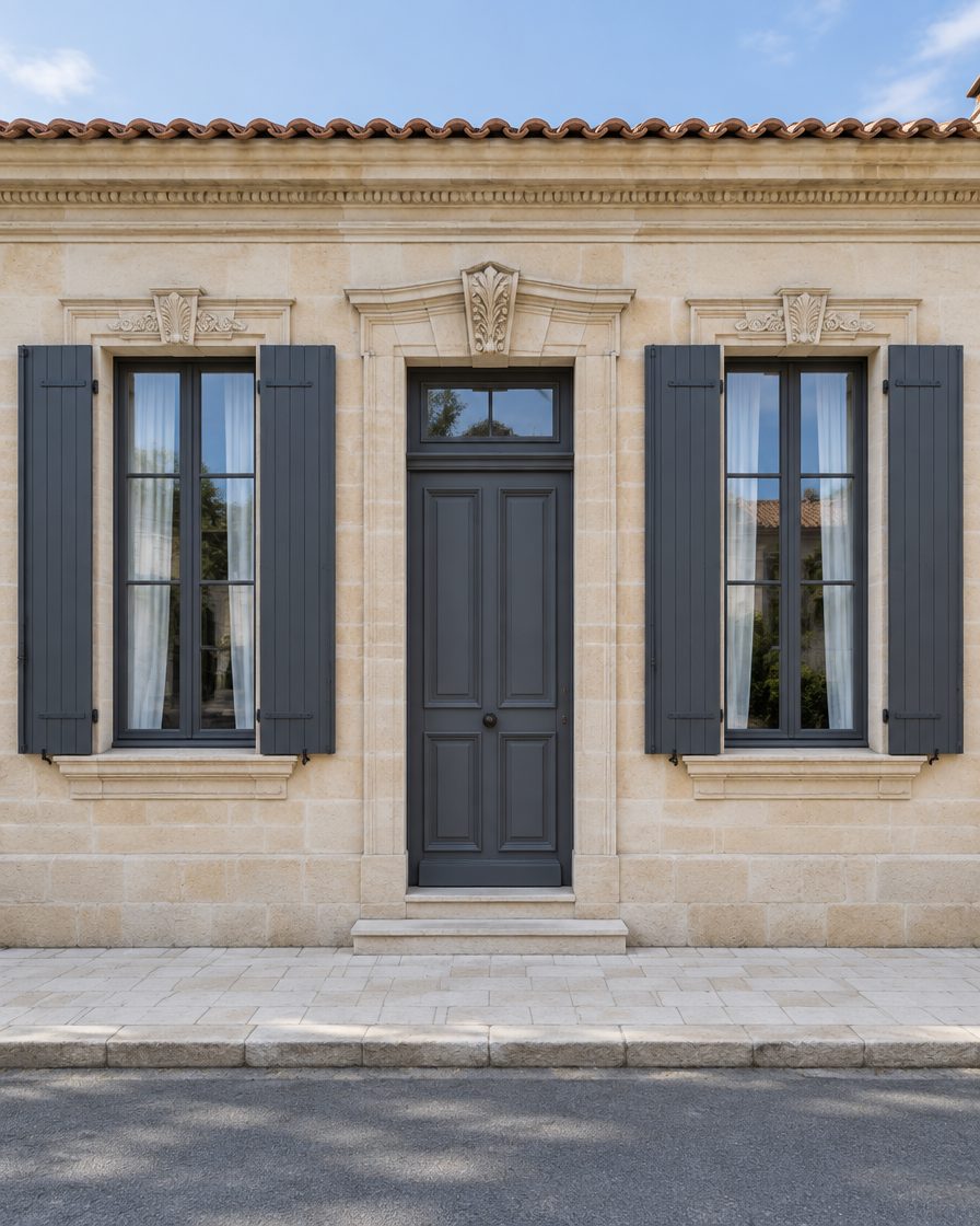 Façade d’échoppe restaurée, pierre blonde nettoyée, porte et volets graphite sous des linteaux sculptés.