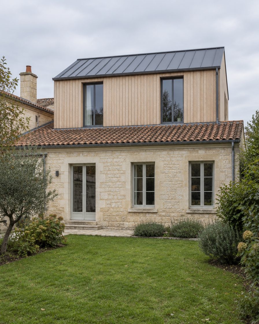 Échoppe en pierre côté jardin, surélevée d’un étage en bardage de bois clair sous un toit de zinc.