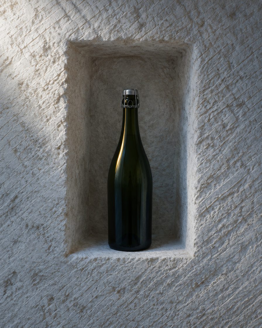 Une bouteille vert sombre, sans étiquette, debout dans une niche taillée dans la craie.