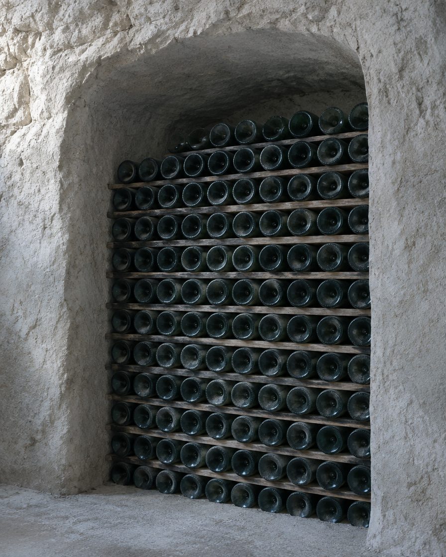 Une alcôve voûtée creusée dans la craie, remplie de bouteilles couchées sur des lattes de bois, vues par le fond.