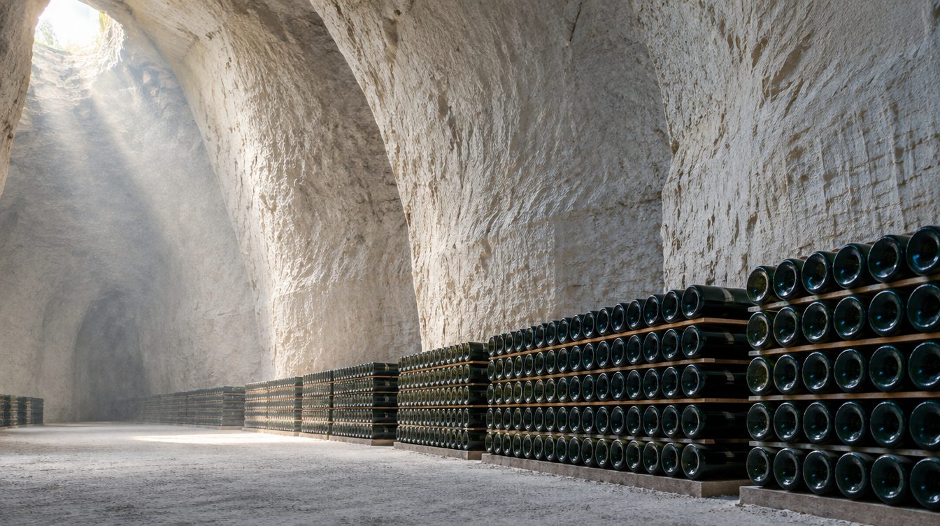Une grande salle de craie en forme de cloche, éclairée d’en haut à gauche par un puits de lumière, avec de longues rangées de bouteilles couchées au pied du mur.