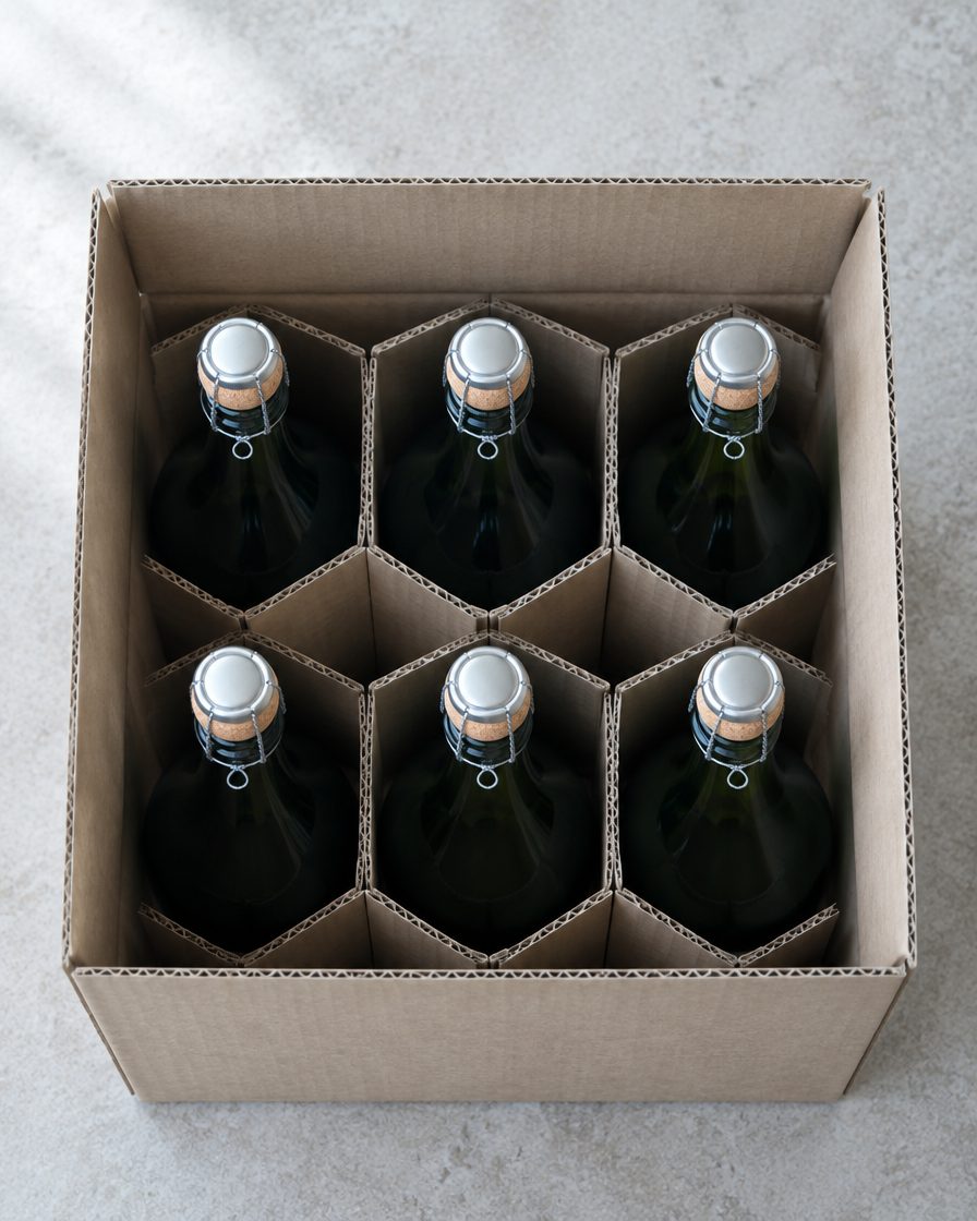 Un carton ouvert vu de dessus, six bouteilles debout dans des séparations en carton.