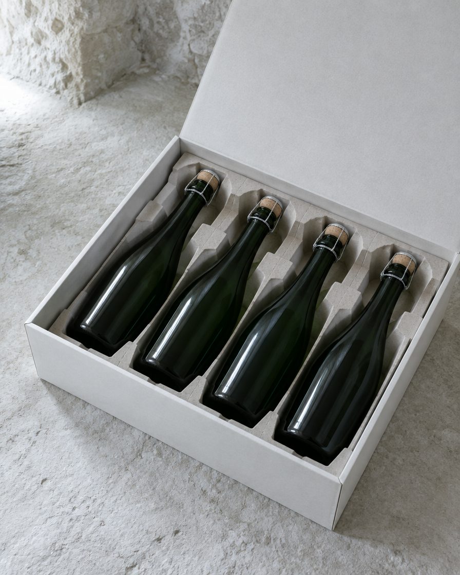 Un coffret blanc ouvert, quatre bouteilles vert sombre couchées dans un calage en carton alvéolé.