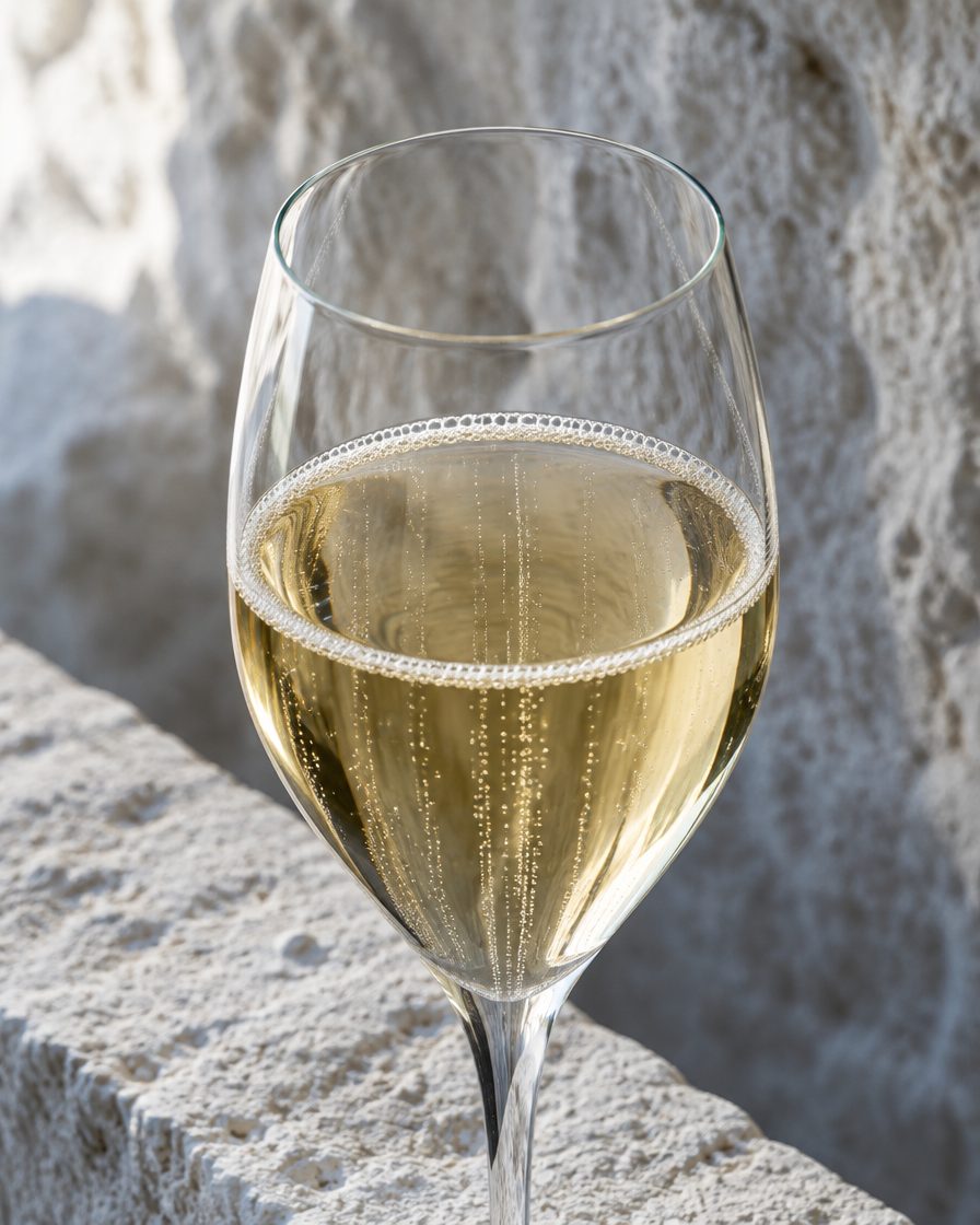 Une coupe tulipe à moitié pleine d’un champagne or pâle, posée sur un rebord de craie, un fin anneau de bulles contre le verre.