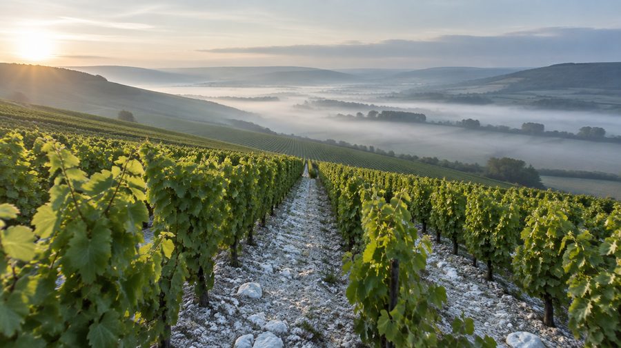 Des rangs de chardonnay sur un sol blanc de craie, au petit matin.