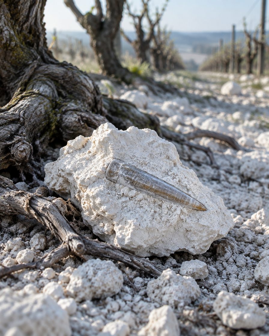 Un bloc de craie blanche entre des pieds de vigne, une bélemnite fossile, fine et ambrée, prise dedans.