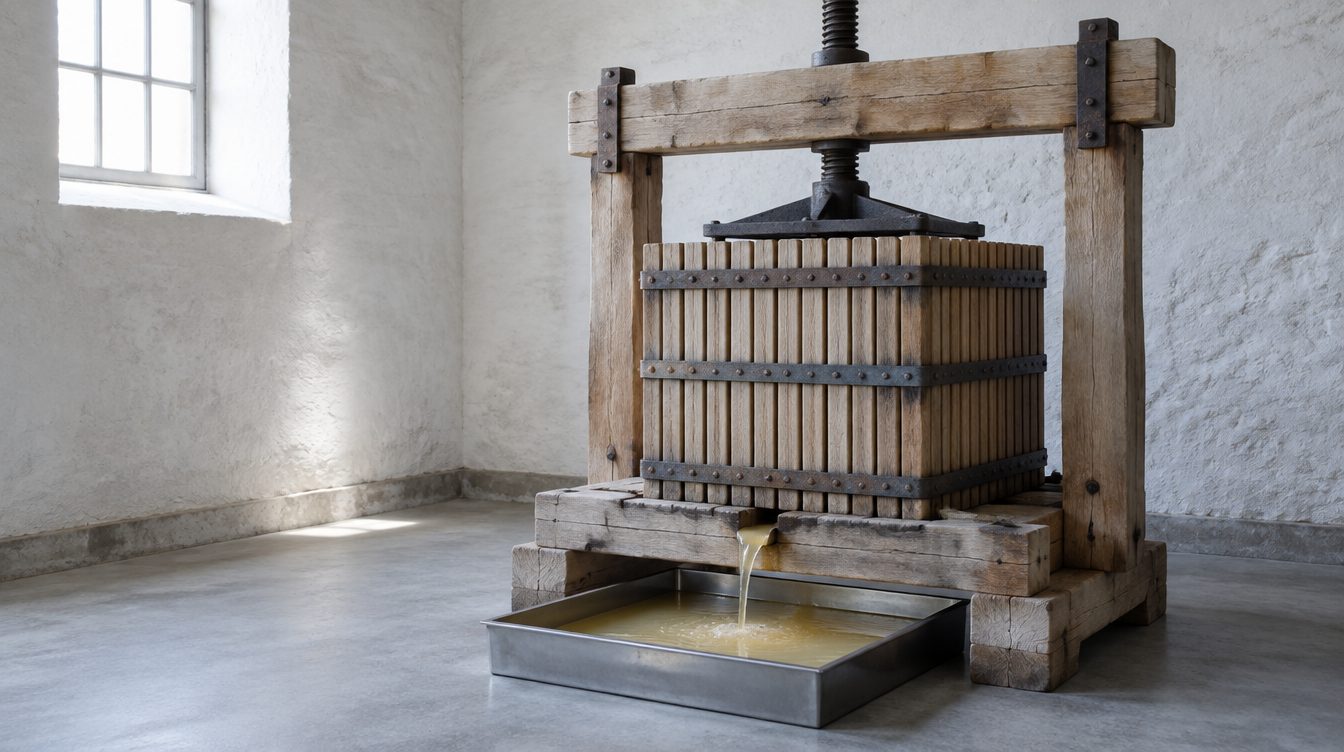 Un pressoir carré en bois dans une salle aux murs blanchis, le jus doré coule dans un bac en acier.