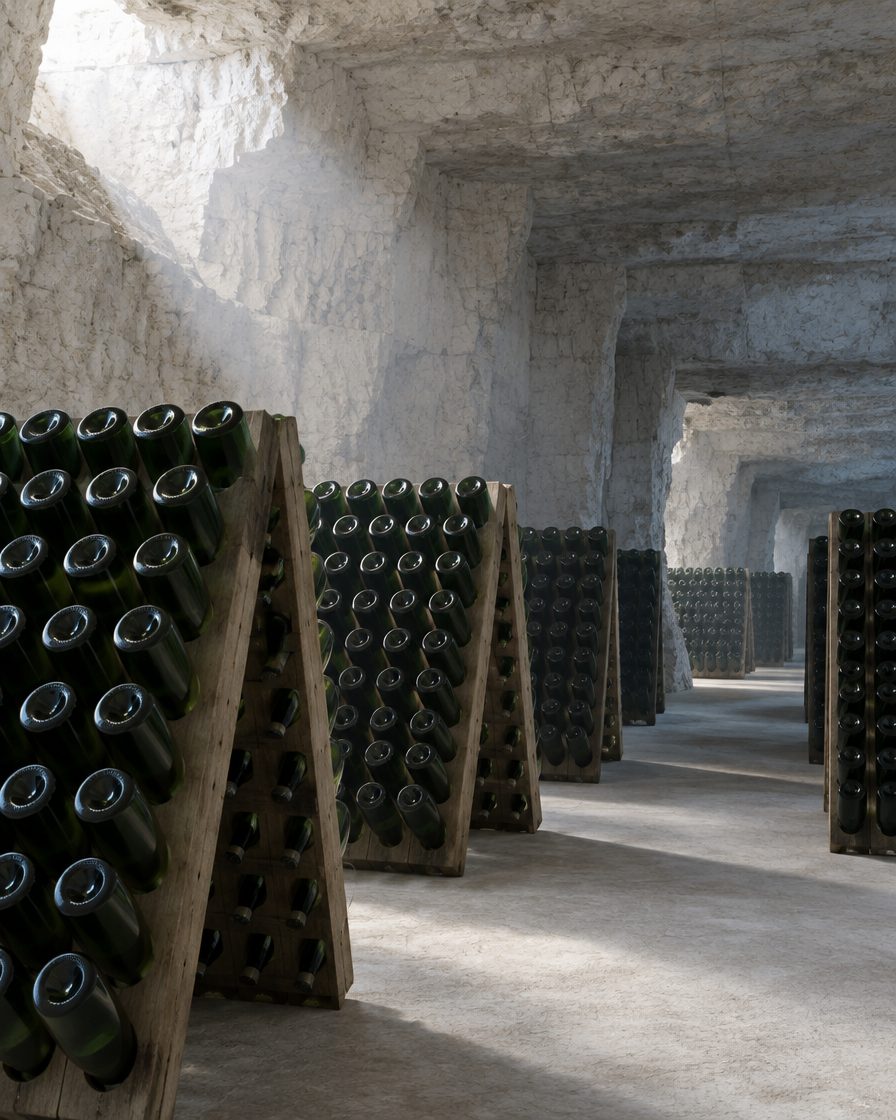Des pupitres de remuage en bois dans une galerie de craie, les bouteilles inclinées le col en bas.
