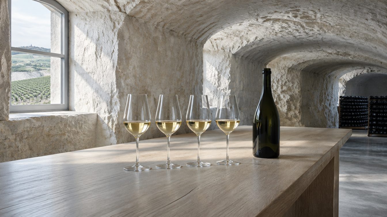 Une longue table en chêne clair sous une voûte de craie, quatre coupes tulipes de champagne en rang et une bouteille.
