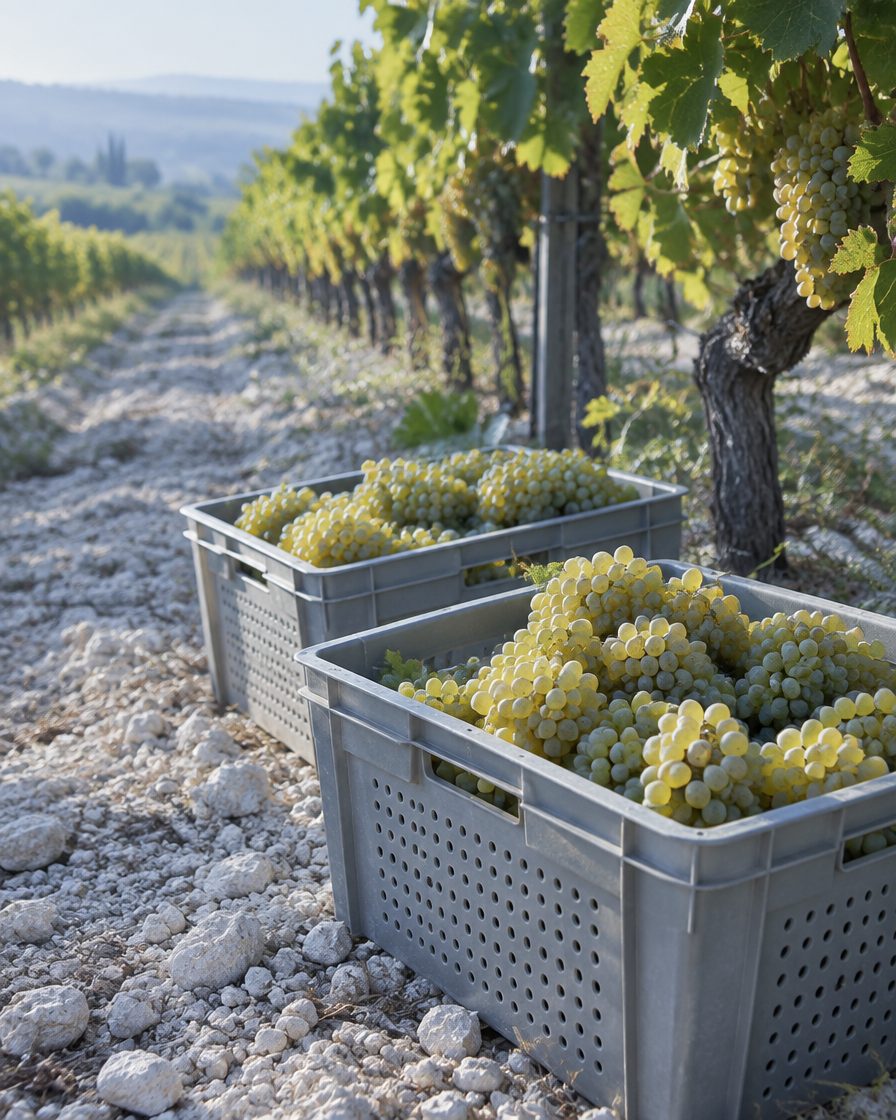 Deux petites caisses ajourées pleines de grappes de chardonnay dorées, au bout d’un rang de vigne.
