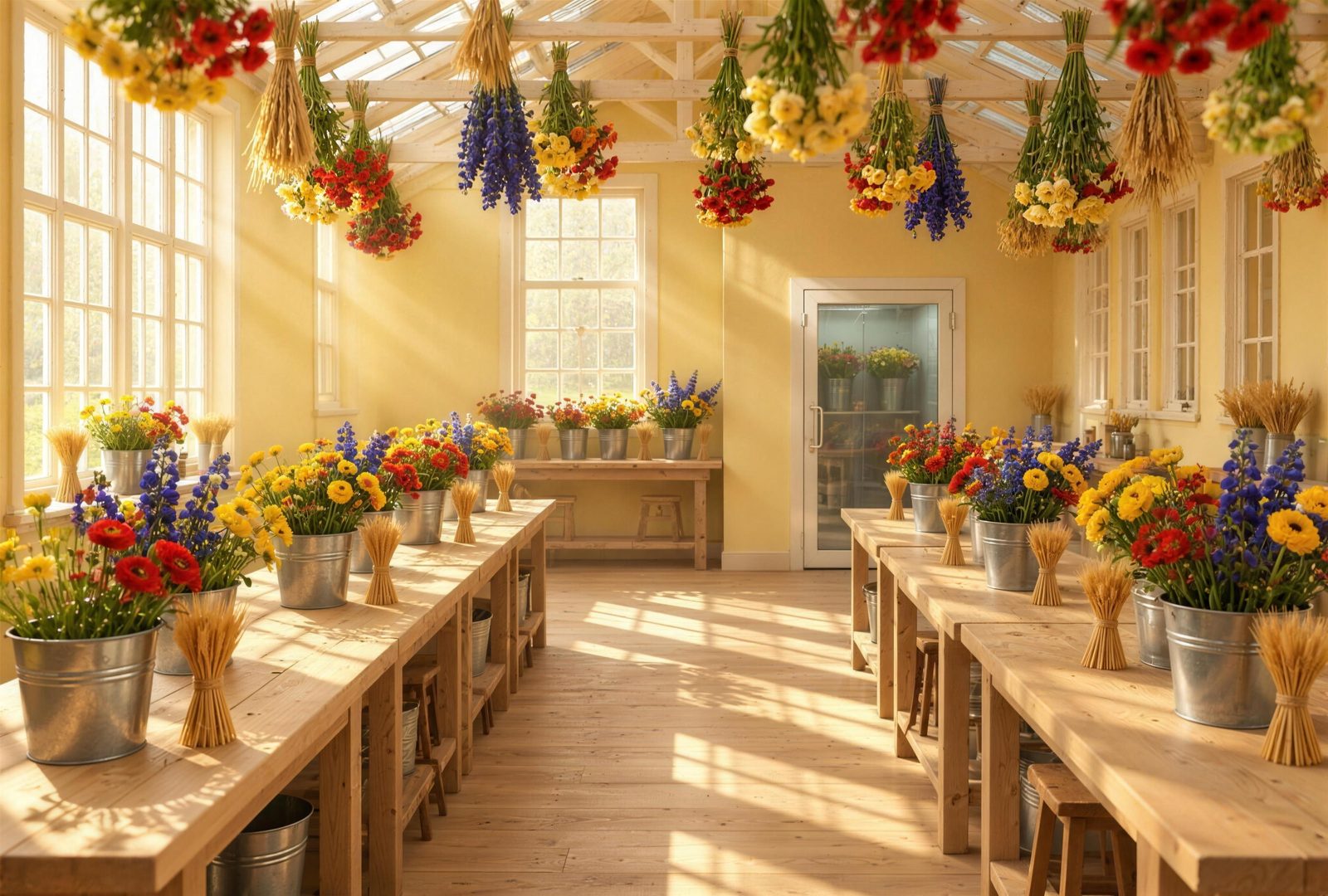 L’atelier sous sa verrière&nbsp;: deux établis de postes avec leurs seaux de fleurs et leurs gerbes de blé, des bottes qui sèchent au plafond, la chambre froide vitrée au fond et la lumière du matin sur le plancher.