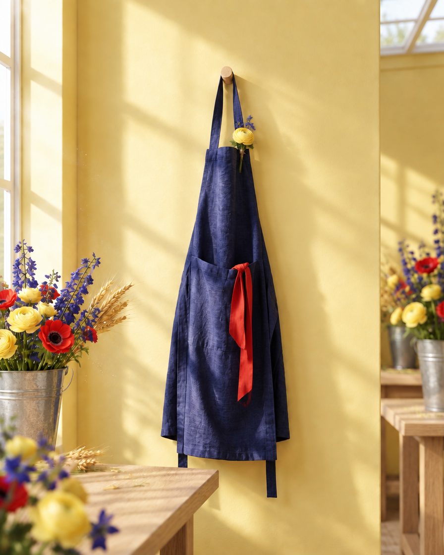Le tablier indigo de Karim Benali, une boutonnière de renoncule épinglée à la bretelle et un ruban de soie tomate qui pend de la poche.
