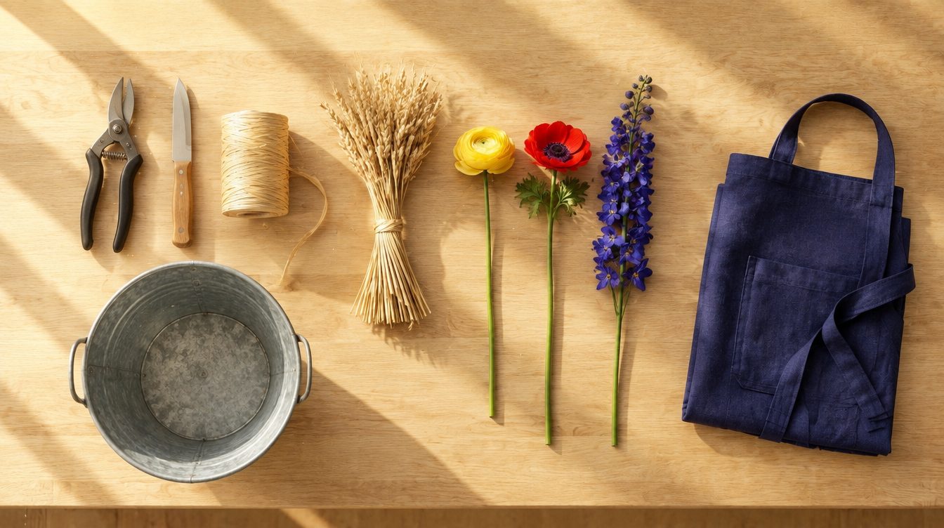 Vue du dessus des outils du parcours rangés à angle droit sur l’établi : sécateur, couteau, raphia, gerbe de blé, trois tiges, tablier indigo plié et seau en zinc.