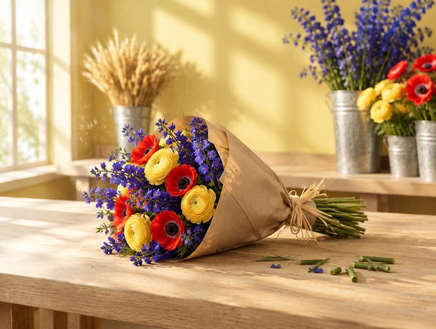 Un petit bouquet rond emballé dans du papier kraft et noué de raphia, posé sur l’établi, prêt à partir.