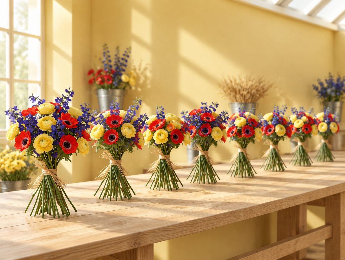 Huit bouquets ronds debout tout seuls sur leurs tiges en spirale, alignés le long de l’établi.