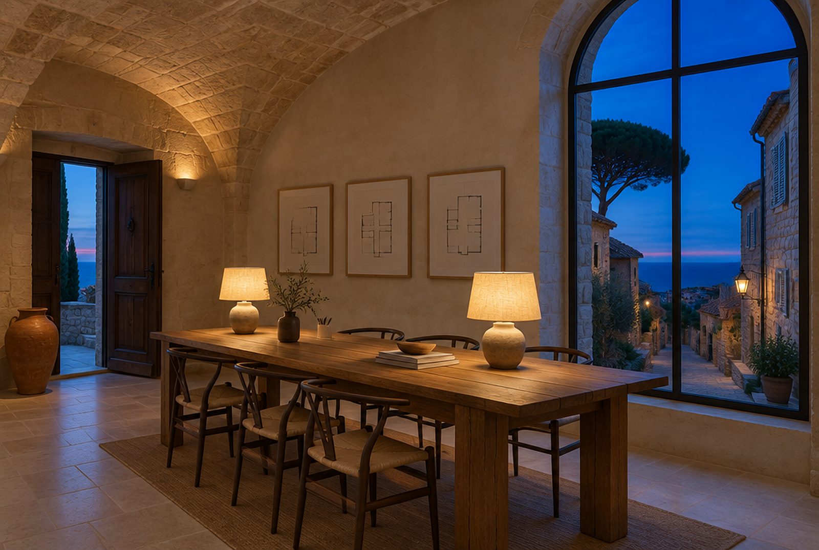 Le rez-de-chaussée voûté de l’agence dans le Vieil Antibes&nbsp;: longue table de chêne, deux lampes allumées, une jarre près de la porte et la ruelle à l’heure bleue.