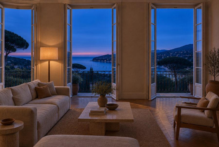 Le salon de l’appartement Mont-Boron&nbsp;: hautes portes-fenêtres ouvertes sur un balcon filant et la rade.