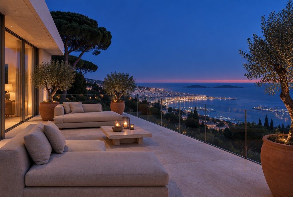 Le toit-terrasse Californie : sol de travertin, canapés de lin, oliviers en jarres, et la baie de Cannes éclairée.