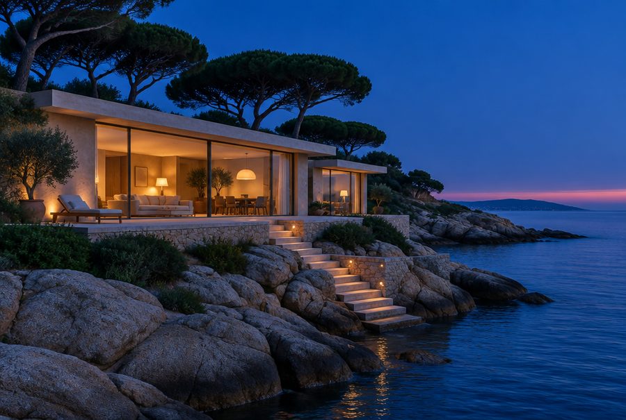 La villa Posidonie, ses murs de verre éclairés au ras des rochers, et l’escalier de pierre qui descend à la mer.