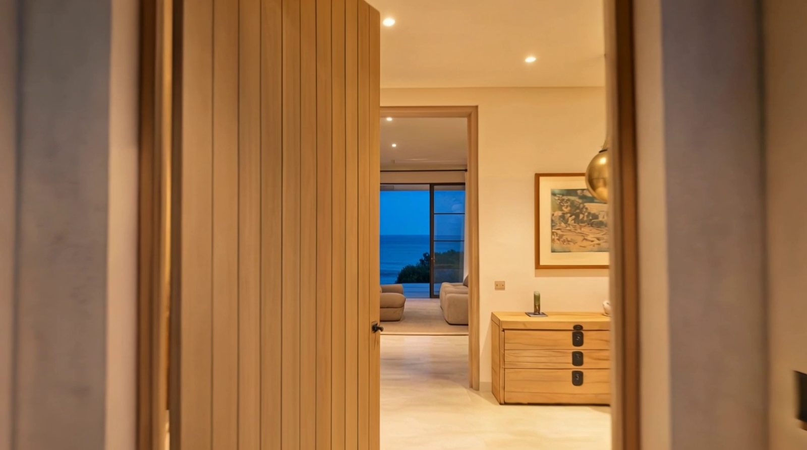 L’entrée de la villa, sol de travertin et suspension ronde en laiton, dans l’axe du grand salon.