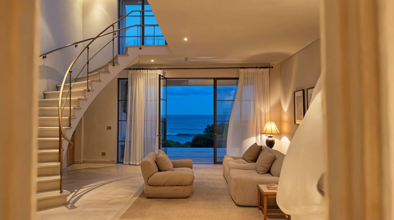 Le grand salon de la villa Calanquière en double hauteur&nbsp;: canapés de lin, escalier courbe à rampe de laiton, et au fond la baie ouverte sur la mer.