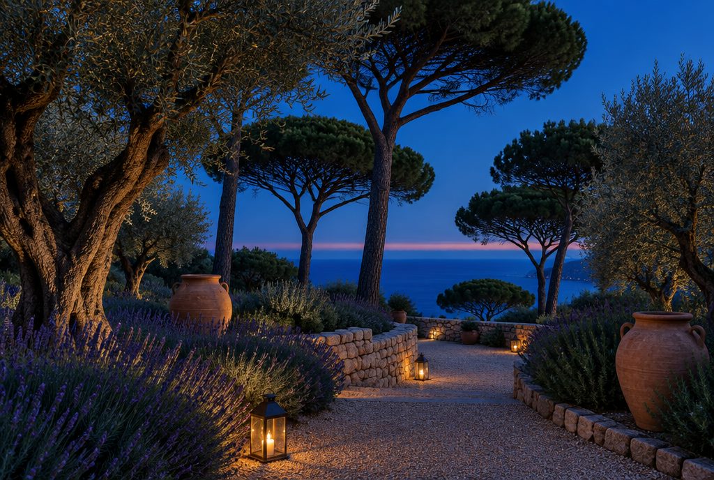 Le jardin en restanques sous les pins et les oliviers, la mer entre les troncs.