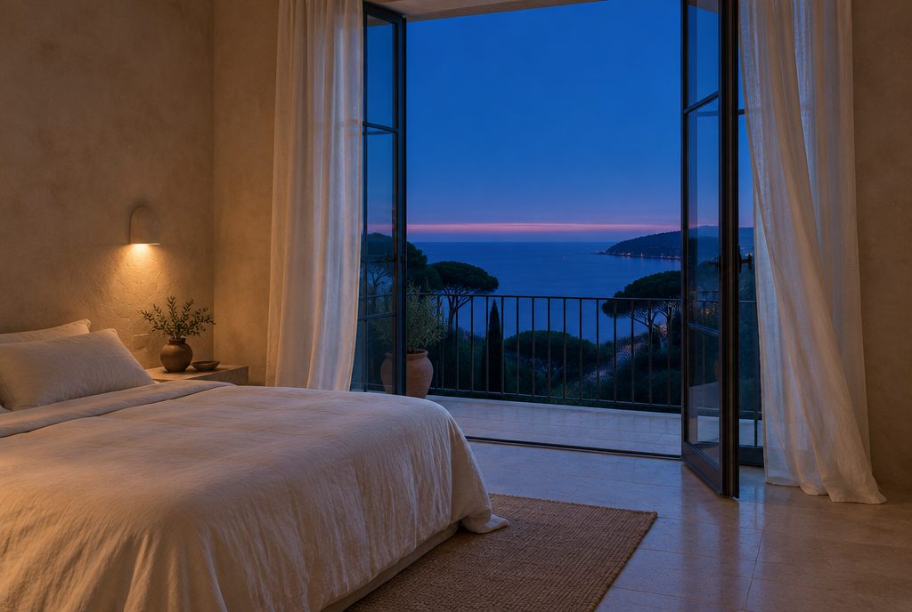 La suite principale, murs à la chaux, lit de lin, portes vitrées sur la mer.