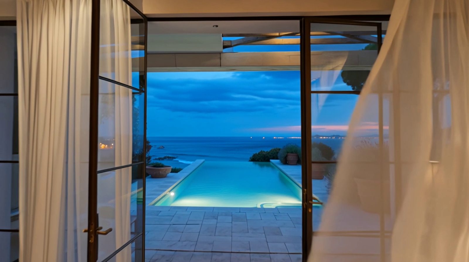 La baie ouverte sur la terrasse, la piscine et la mer.