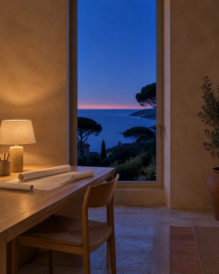 Un bureau de villa à l’heure bleue : table de chêne, lampe allumée, rouleaux de papier à dessin, et la mer derrière la haute fenêtre.