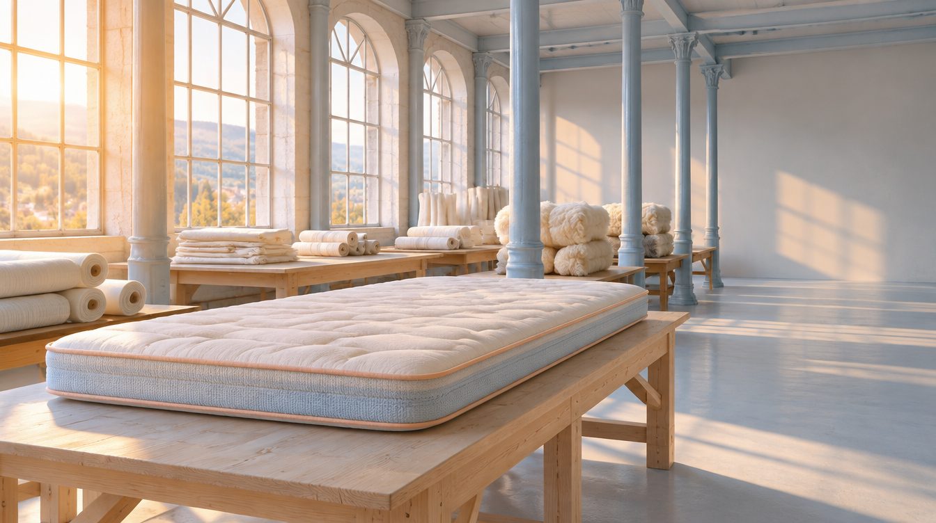 L’atelier de Lendemain dans une ancienne filature&nbsp;: grandes fenêtres cintrées, colonnes de fonte bleu pâle, rouleaux de coutil et balles de laine, un matelas fini sur une table.