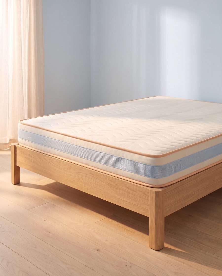 La Souche, un matelas de 24&nbsp;cm aux bords nets, sur un lit en chêne clair.