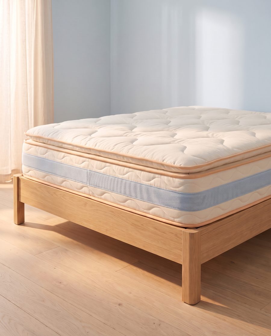 Le Loir, un matelas de 23&nbsp;cm coiffé d’un surmatelas en laine bien bombé.