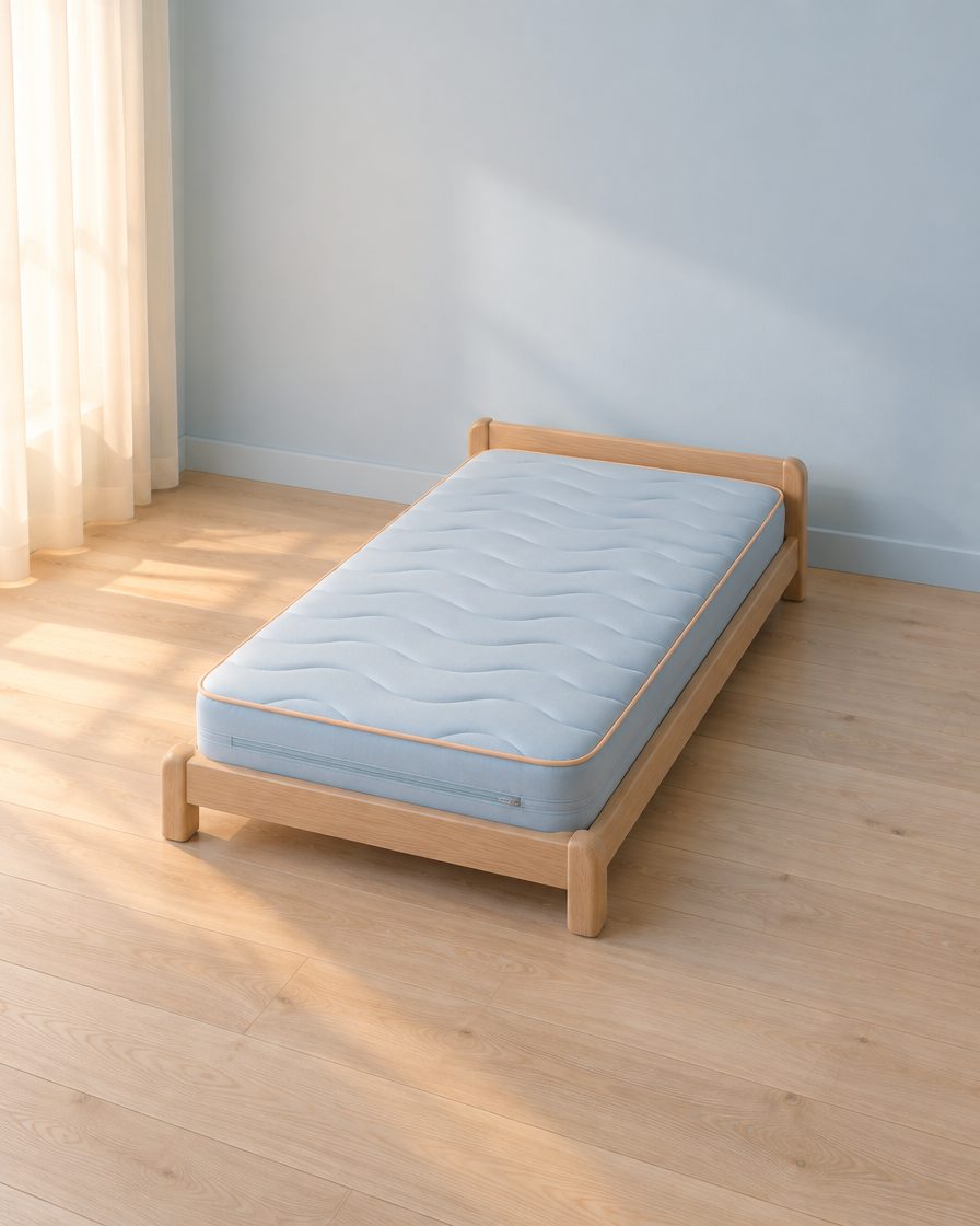 Le Petit Somme, un matelas d’enfant à la housse bleu pâle, sur un petit lit bas en chêne.