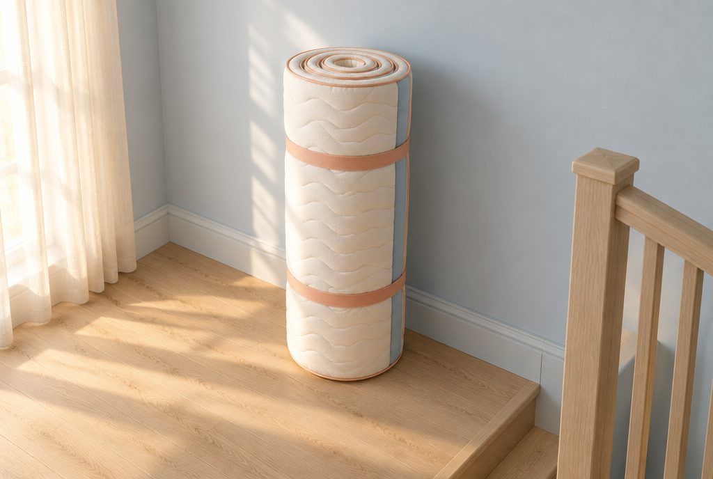 Un matelas Lendemain roulé, tenu par deux sangles abricot, posé debout sur le palier en haut d’un escalier en chêne.