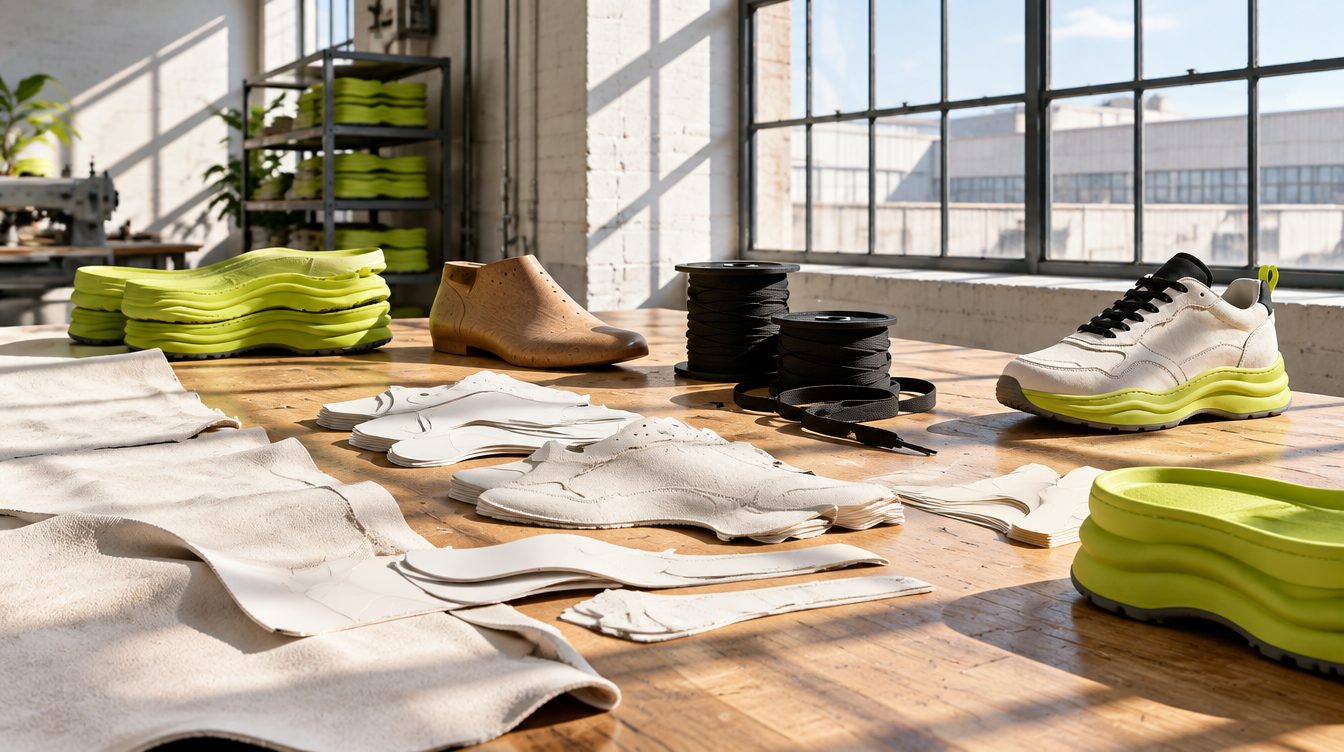 L’atelier : un établi en bois avec des pièces de nubuck, des patrons, des piles de semelles chartreuse et une paire finie, sous une verrière au soleil.