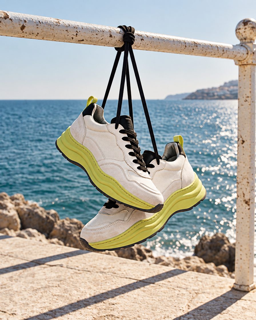 Une paire de Traverse 01 attachée par les lacets à une rambarde blanche, face à la mer.
