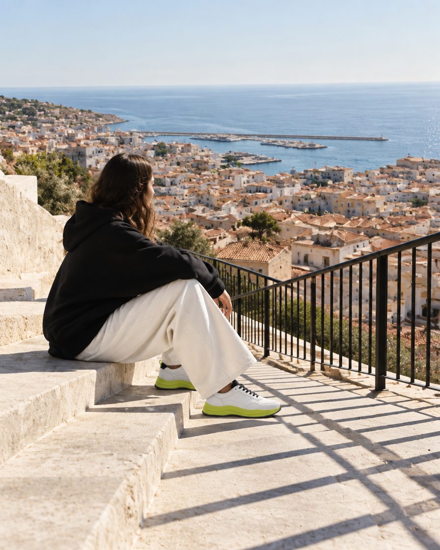 Une jeune femme assise de dos sur un grand escalier de calcaire au-dessus du port, en Traverse 01.