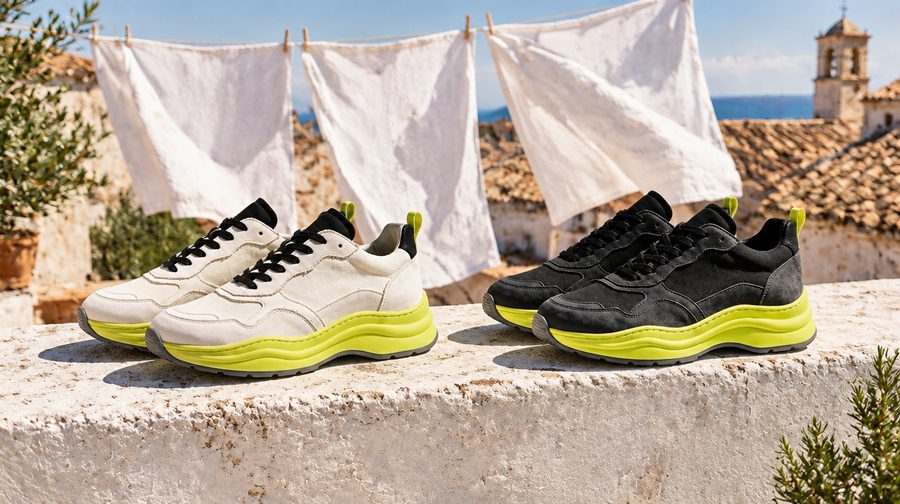 Une paire Calcaire et une paire Charbon posées sur le parapet d’une terrasse, draps au vent et toits de tuiles derrière.