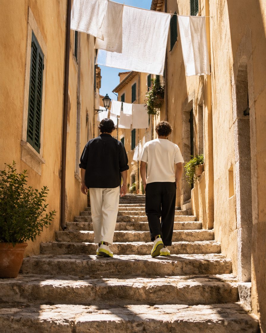 Deux amis de dos montent une ruelle en escalier entre des façades ocre, sous le linge étendu.