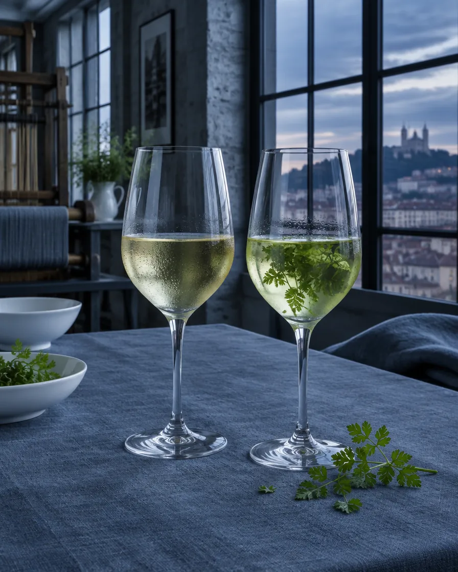 Deux verres sur le lin ardoise près d’une haute fenêtre : un vin blanc pâle et une infusion de cerfeuil.