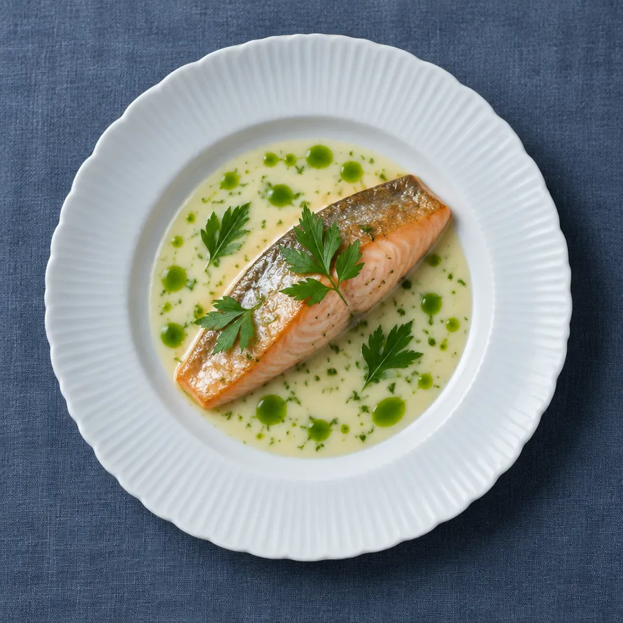 Vue du dessus : filet d’omble chevalier à la chair corail sur un beurre blanc piqué d’huile de livèche.